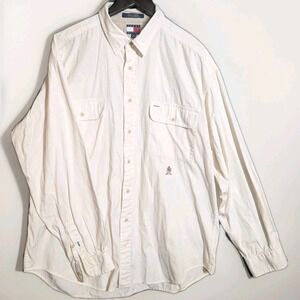 Tommy Hilfiger XL Ripstop Shirt White Crest Logo Rugged Prep Y2K Vintage